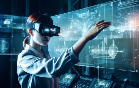 woman tech screen virtual designer futuristic website work cyber person female glass glasses technology business 3d goggles web innovation graphic digital. Generative AI.