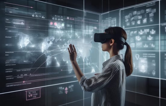 3d woman tech cyber software digital display online business cyberspace futuristic hologram network technology graphic innovation datum future reality virtual glasses. Generative AI.