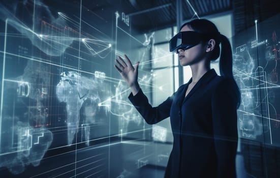 female woman virtual website innovation graphic futuristic hand hologram glasses business online 3d digital web glass goggles game technology creative ar. Generative AI.