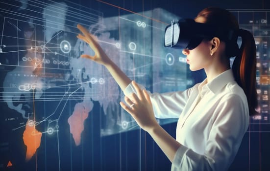 screen woman reality goggles technology hand cyber headset digital glasses innovation graphic design future app futuristic glass virtual website business 3d. Generative AI.