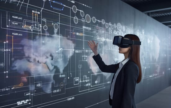 digital woman future 3d web technology creative goggles hologram glasses innovation overlay business futuristic design person reality virtual network graphic designer. Generative AI.