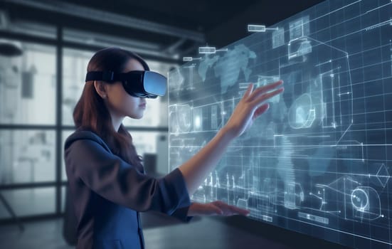 goggles woman business design graphic designer digital headset innovation virtual tech internet futuristic cyber person glass glasses technology reality 3d software virtual. Generative AI.