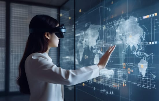 woman web digital computer online tech app internet designer graphic reality display three-dimensional technology business innovation futuristic glasses screen 3d virtual. Generative AI.