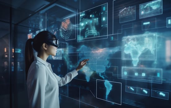 woman technology computer person goggles hologram web digital futuristic virtual software tech ar innovation graphic business 3d headset glasses app overlay. Generative AI.