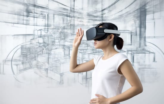 woman datum virtual digital graphic future three-dimensional technology tech design glasses cyberspace overlay reality innovation 3d business creative ar work virtual futuristic. Generative AI.