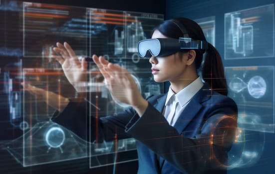 network woman virtual technology graphic glasses tech hand virtual app innovation game reality 3d business futuristic online web digital creative ar screen. Generative AI.