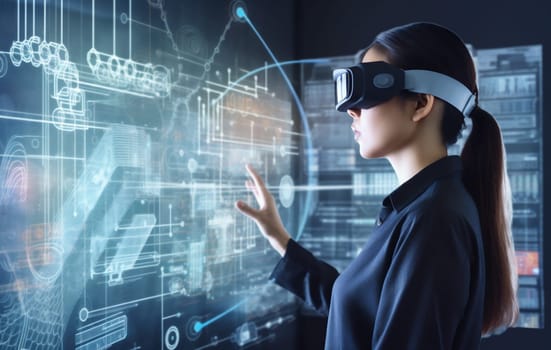 woman software hologram 3d virtual innovation virtual glasses futuristic datum display work reality three-dimensional digital graphic technology web business designer reality headset. Generative AI.