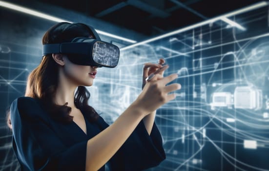 work woman virtual app software business internet future cyber 3d futuristic graphic display goggles technology computer hand website digital innovation glasses. Generative AI.