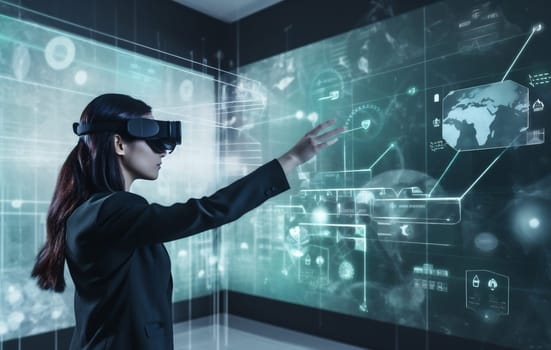 woman web person game digital app future hologram technology headset goggles screen glasses virtual 3d graphic business work futuristic innovation glass. Generative AI.