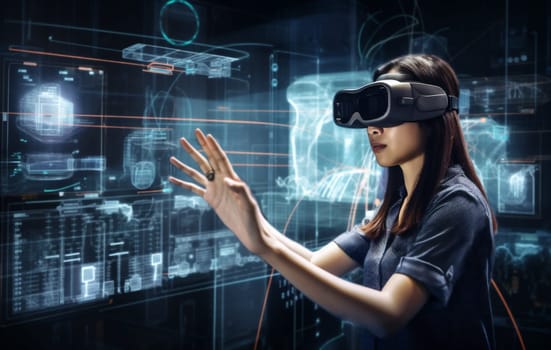 woman three-dimensional tech digital screen 3d hand futuristic future virtual glass glasses business innovation cyber display hologram graphic headset technology internet. Generative AI.