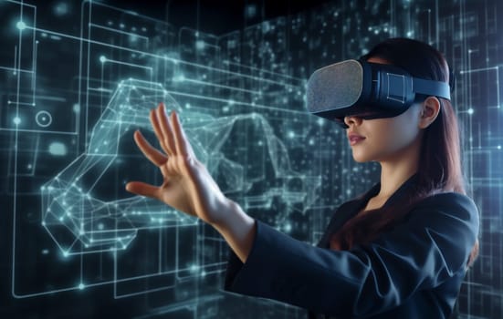 woman futuristic web design cyberspace three-dimensional digital graphic tech glasses technology innovation ar hand game female work 3d overlay business virtual. Generative AI.
