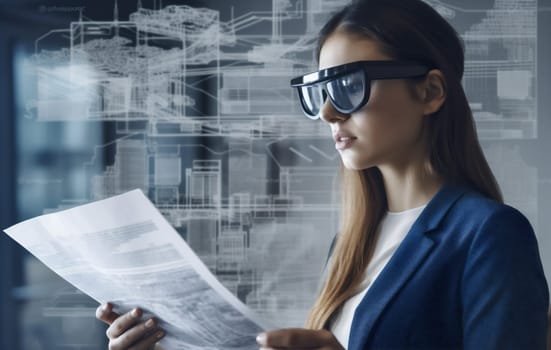 woman futuristic tech technology website ar virtual glasses person innovation datum future 3d hand digital headset internet business graphic computer goggles. Generative AI.