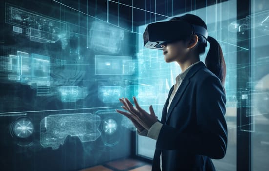 woman cyber business cyberspace digital virtual website 3d reality innovation reality display futuristic internet three-dimensional overlay technology glasses tech graphic future virtual. Generative AI.