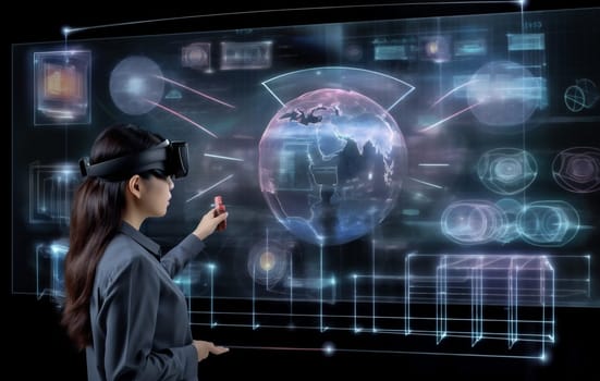 woman game person network datum female goggles futuristic graphic digital virtual innovation overlay ar hand web 3d hologram technology business glasses. Generative AI.