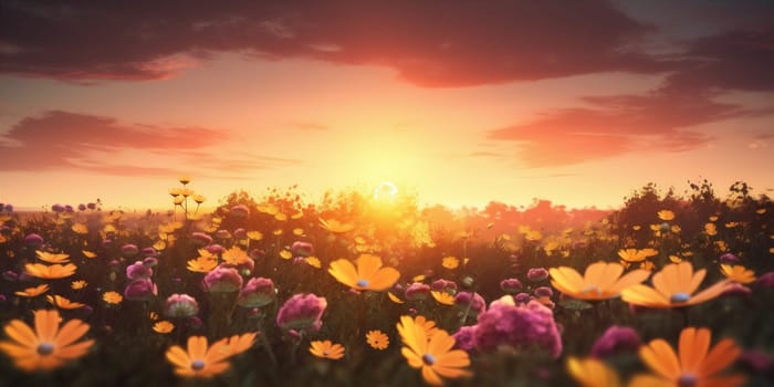 leaf blooming sunny day spring sun flower landscape light countryside nature beauty yellow summer rural meadow outdoor sunset background field plant. Generative AI.