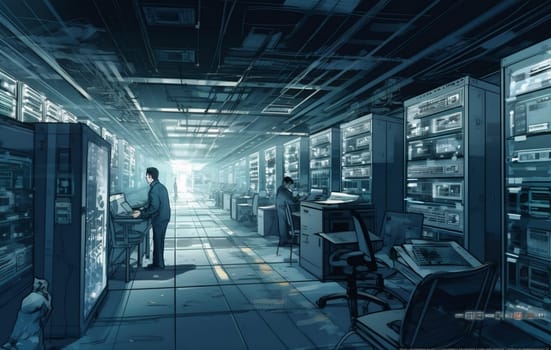 man technology network database server administrator laptop storage system datacenter computing computer center infrastructure data tech datum connection engineer rack service cloud. Generative AI.