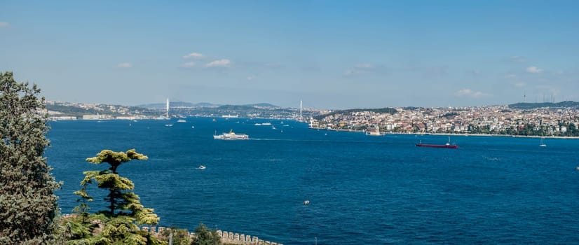 Panoramic view of the Bosphorus. The strait that connects the Black Sea to the Sea of Marmara and marks the boundary between the Europe and the Asia