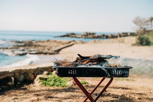 Barbecue grill in nature forest camping park with sea on background.