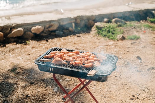 Barbecue grill with chicken, meat in nature forest camping park with sea on background.