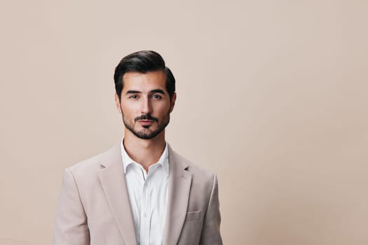 business man smiling businessman office suit male white posing background model job entrepreneur beige folded attractive copyspace portrait happy beard handsome