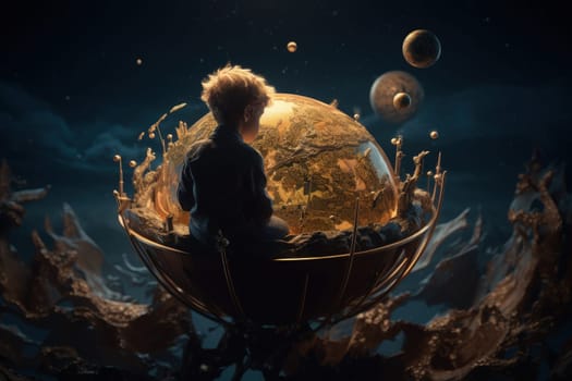 The Little Prince. Antoine Marie Roger de Saint Exupery. A timeless classic, a book, a story, for children and adults. Creative reproduction, young man, hero pilot.
