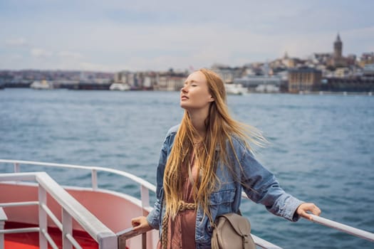 Happy woman enjoying the sea from ferry boat crossing Bosphorus in Istanbul. Summer trip to Istanbul.