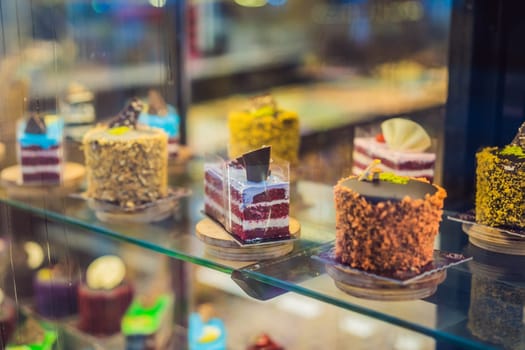 Different types of cakes in pastry shop glass display.