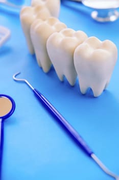 Tooth model and dentist tools on blue background. Dentistry concept.