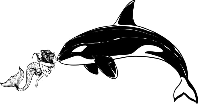 monochrome drawing of a jumping orca whale in black and white. illustrarion.