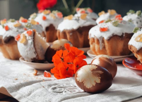 The concept of delicious Easter food, close up.Easter baking with eggs on a white wooden table.