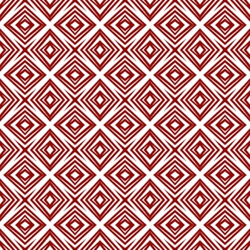 Ikat repeating swimwear design. Maroon symmetrical kaleidoscope background. Summer ikat sweamwear pattern. Textile ready symmetrical print, swimwear fabric, wallpaper, wrapping.