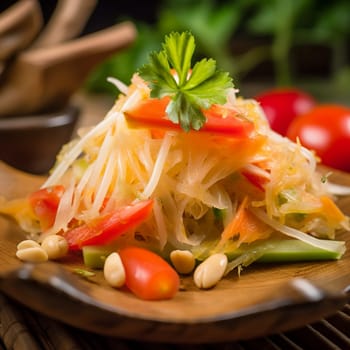 A photograph of a zesty papaya salad, featuring the spicy and refreshing flavors of Thai cuisine.