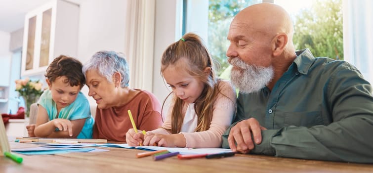 Family, homework and education with children writing, learning or drawing with colors and grandparents. Kids, school or study with kids, senior man and woman in their home for growth or development.