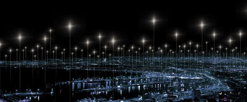 Data, network and cyber with city at night for connection, cyber and cloud computing. Technology abstract, communication and futuristic with skyline of urban town for internet, media and light.