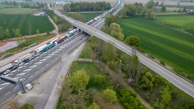 Piacenza, Italy - 13 April 2023 Traffic jam on highway during rush hou in autostrada del sole, italy near Piacenza