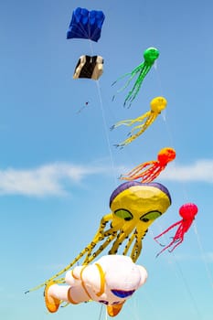 Blue sky with colorful kites in the shape of marine animal