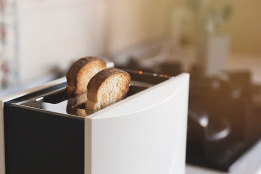 2 white toasted slices of bread in a white toaster in home kitchen, selective soft focus.