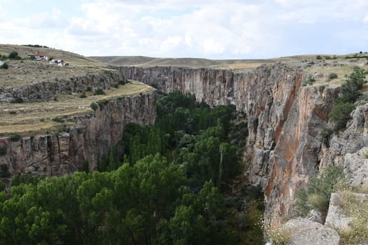 Aerial view of beautiful rocks near the forest in Aksaray, Central Anatolia, Turkey