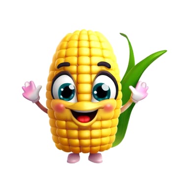 Cute cartoon 3d character of smiling yellow ripe corn, digitally generated illustration
