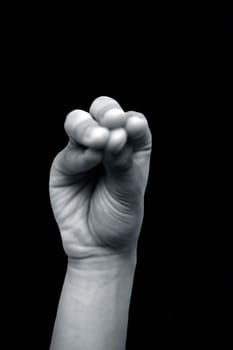 Shot of male hands doing Mukula mudra isolated on black background. Vertical shot.