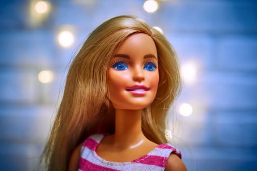 Ryazan, Russia - February 10, 2023: Barbie doll head close-up. The most popular doll in the world