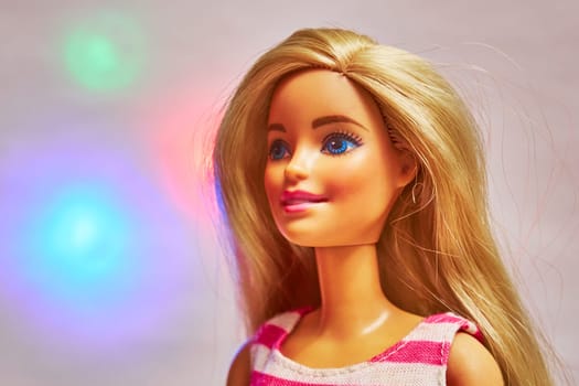 Ryazan, Russia - February 10, 2023: Barbie doll head close-up. The most popular doll in the world