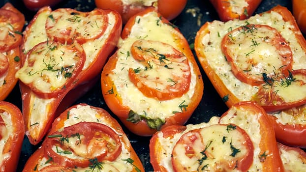 Red bell pepper stuffed with meat and rice close-up