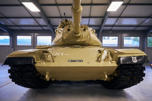 Kubinka, Moscow region, Russia - November 13, 2022: Tank front view close-up in the Museum of military equipment. Museum of Tanks and Armored Vehicles in Patriot Park