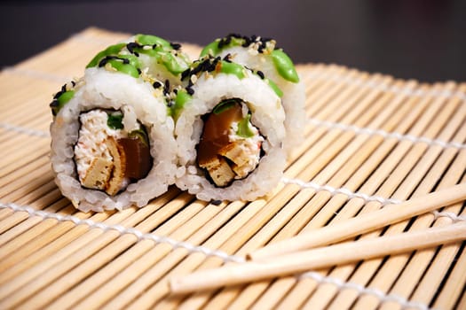 Sushi rolls close up. Traditional Japanese Food. Selective focus