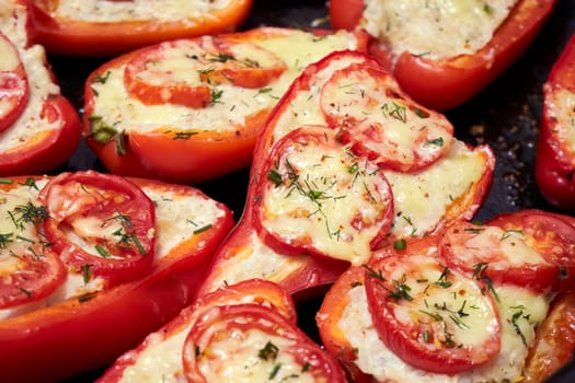 Red peppers stuffed with meat and rice. Selective focus