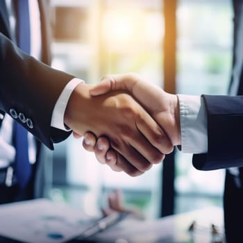 Closeup shot of two businesspeople shaking hands in an office. High quality photo