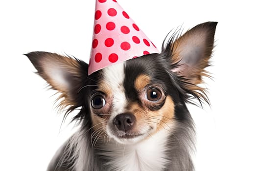 Portrait of Funny small fluffy chihuahua dog in birthday cap isolated on white background. Happy birthday banner with dog.