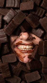 The face of a caucasian woman surrounded by sweets. The girl is smeared in sweets