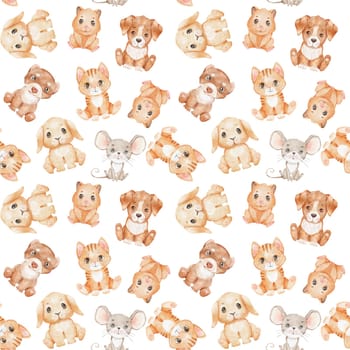 Cute cartoon cat, dog and bunny on white. Watercolor seamless pattern. Childish background
